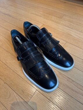 Men's Black Leather Fringe Wingtip Slip-On Shoes